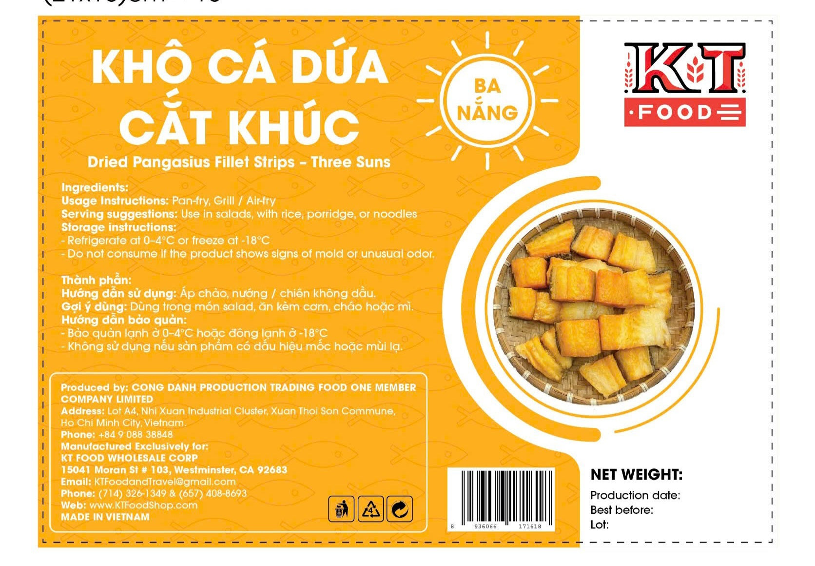 Khô Cá Dứa Cắt Khúc, 3 Nắng - Cut Dried Pangasius Fillet Strip 500g