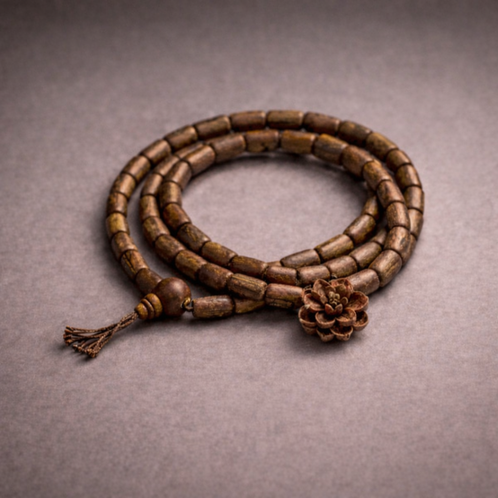 Lắc Tay Trầm Hương Ống Trúc Mặt Hoa Sen - Agarwood Bamboo Shape Bracelet with Lotus Charm | Women