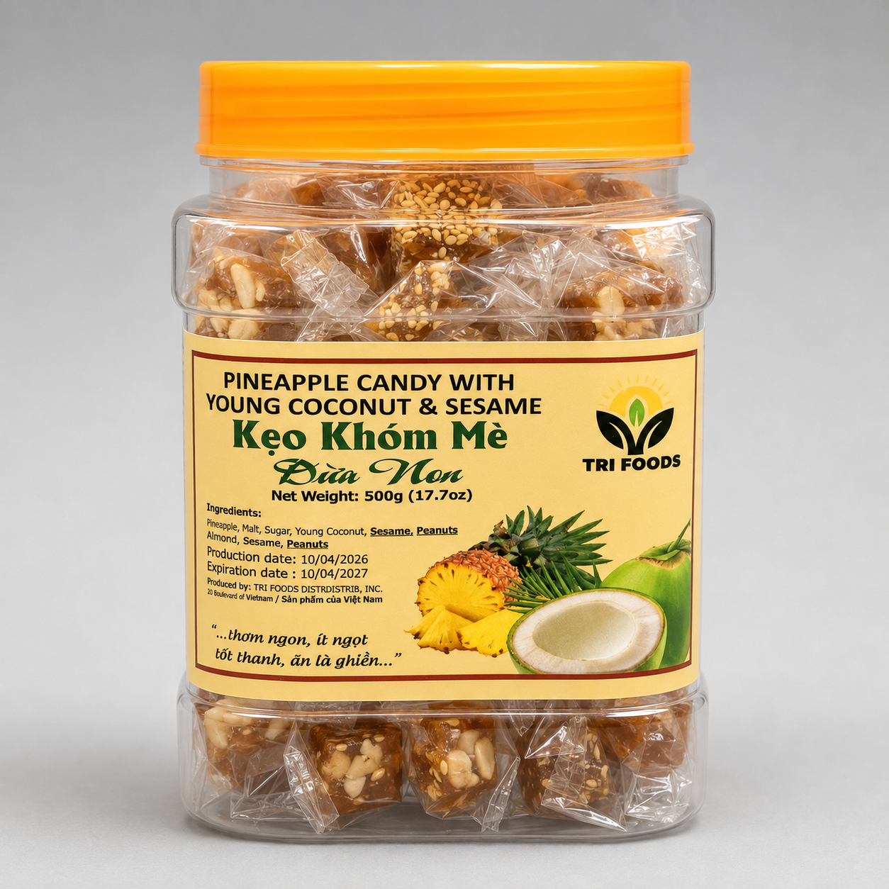 Kẹo Khóm Mè Dừa Non - Pineapple Candy With Young Coconut NW 500g